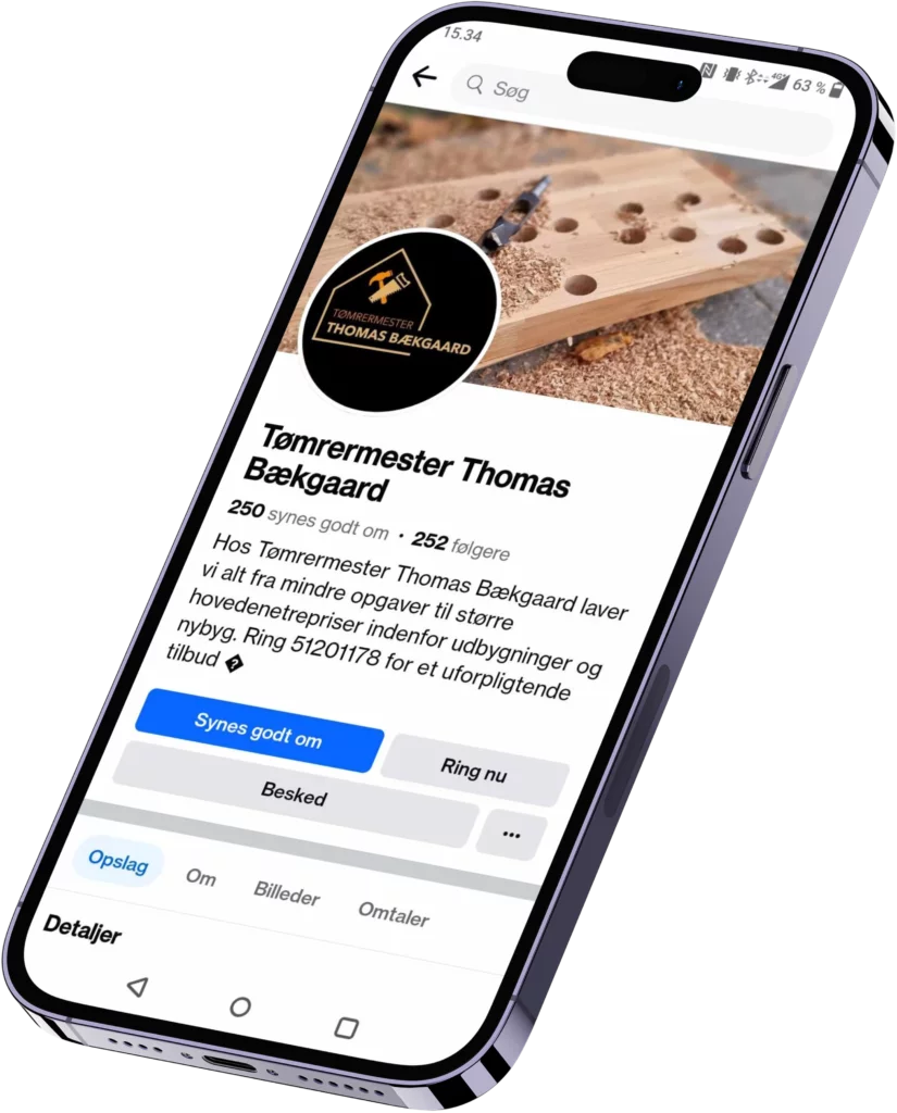 Facebook-side for tømrerfirma med træarbejde og kontaktinfo